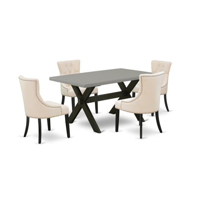 5 Piece Dining Set Includes a Rectangle Dining Room Table with X-Legs and 4 Light Beige Linen Fabric Upholstered Chairs, Wire brushed Black