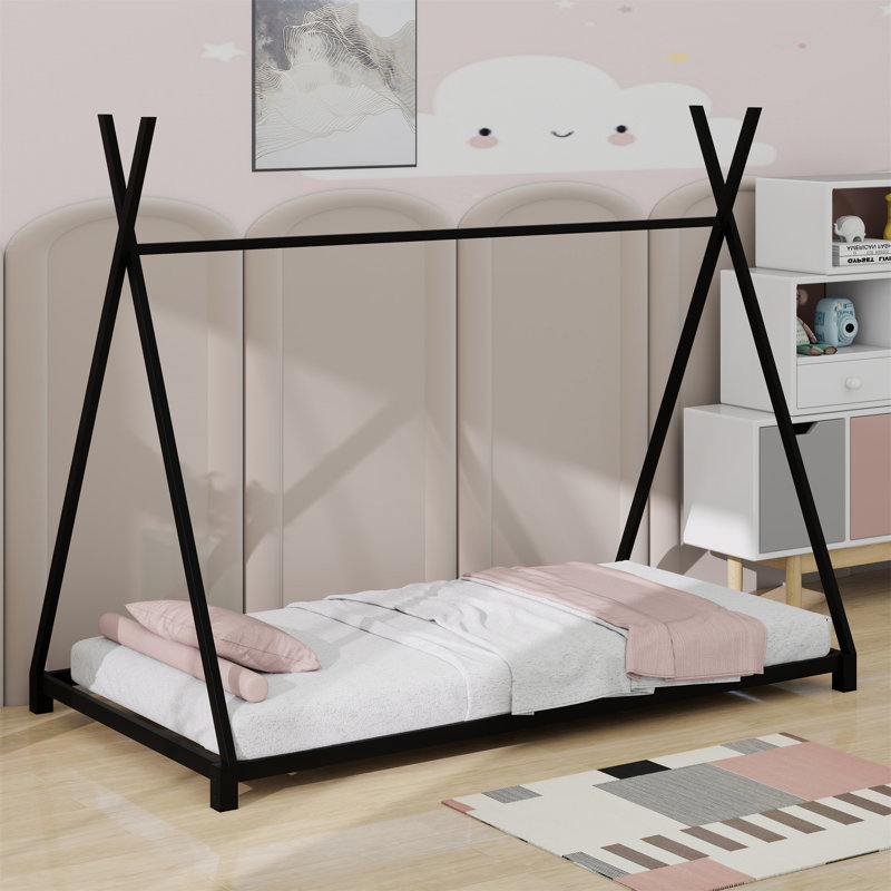 Metal House Platform Bed With Triangle Structure, Black