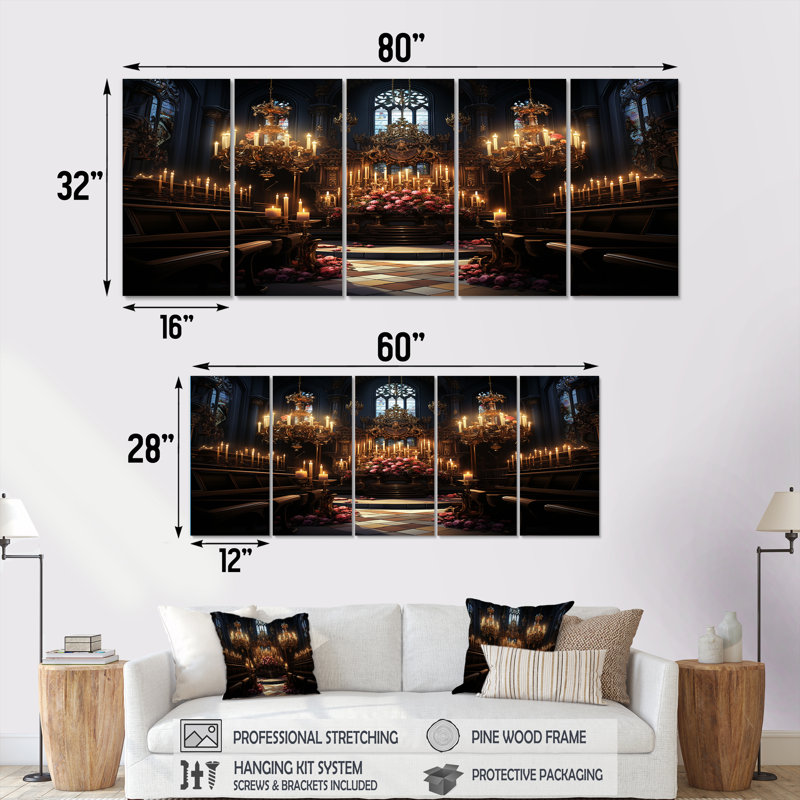 Art mural 5 pièces Basilique baroque, H 32 po x l 80 po