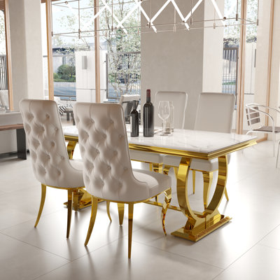 Glam White And Gold Dining Table Set With White Leather Buttons Tufted Dining Chairs