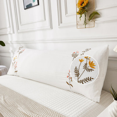 Body Pillow Cover, White Flower Embroidery, Soft Washed Microfiber, Pocket Closure, 20x54 inches