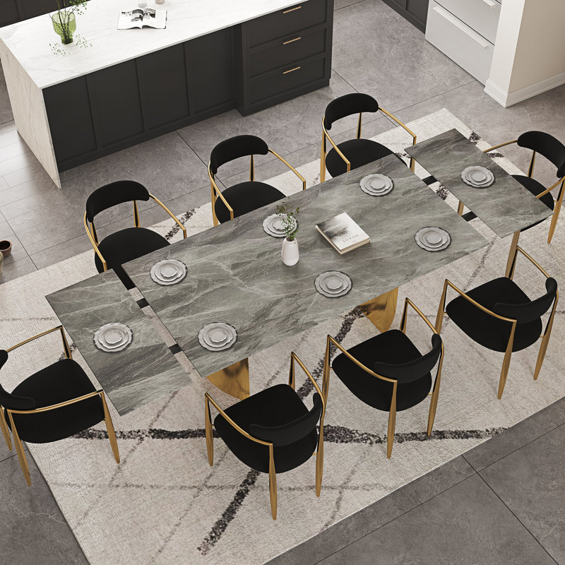 Ensemble de table de salle à manger 9 pièces avec table de salle à manger extensible en fritté de 94,5 po avec 8 chaises en tissu