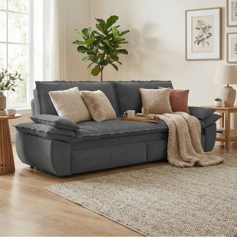 73.21" Queen Pull Out Sofa Bed, 3-in-1 Convertible Sleeper Sofa Bed for Living Room, Gray Corduroy