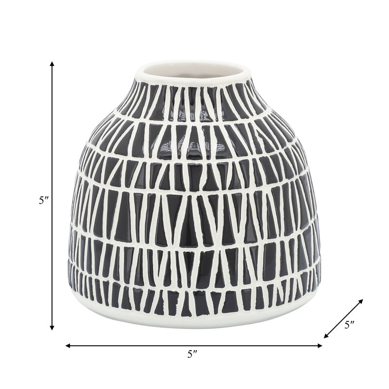 Modern Ceramic and Stoneware Vase with Embossed Geometric Pattern for Sleek Decorative Accent Display, Black