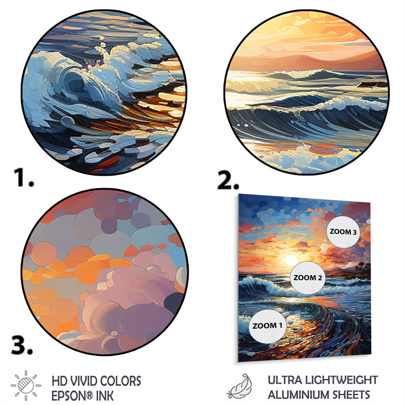 Plage, soleil, vagues, pointillisme - nautique et plage, art mural en métal, salon, H 20 po x l 12 po x P 1 po