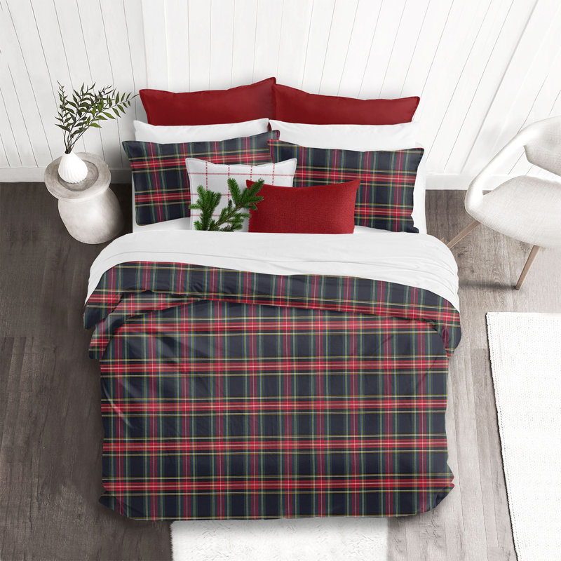 Ensemble d'édredon en coton Royal Plaid, Édredon très grand lit californien + 2 taies dé, Marine