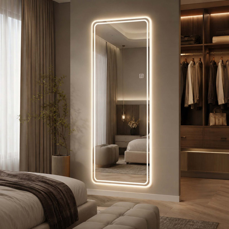 Miroir à DEL pleine longueur, miroir de corps mural lumineux avec deux bandes de lumière givrées, 3 températures de couleur et gradation continue, miroir de coiffeuse HD