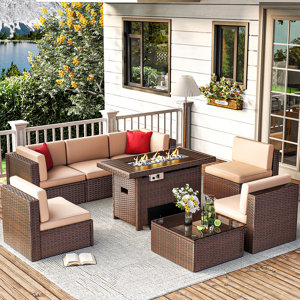 Caradog Wicker 6 - Person Patio Conversation Sets with Cushions Coffee Table and Fire Pit.  fire pit only. incomplete 