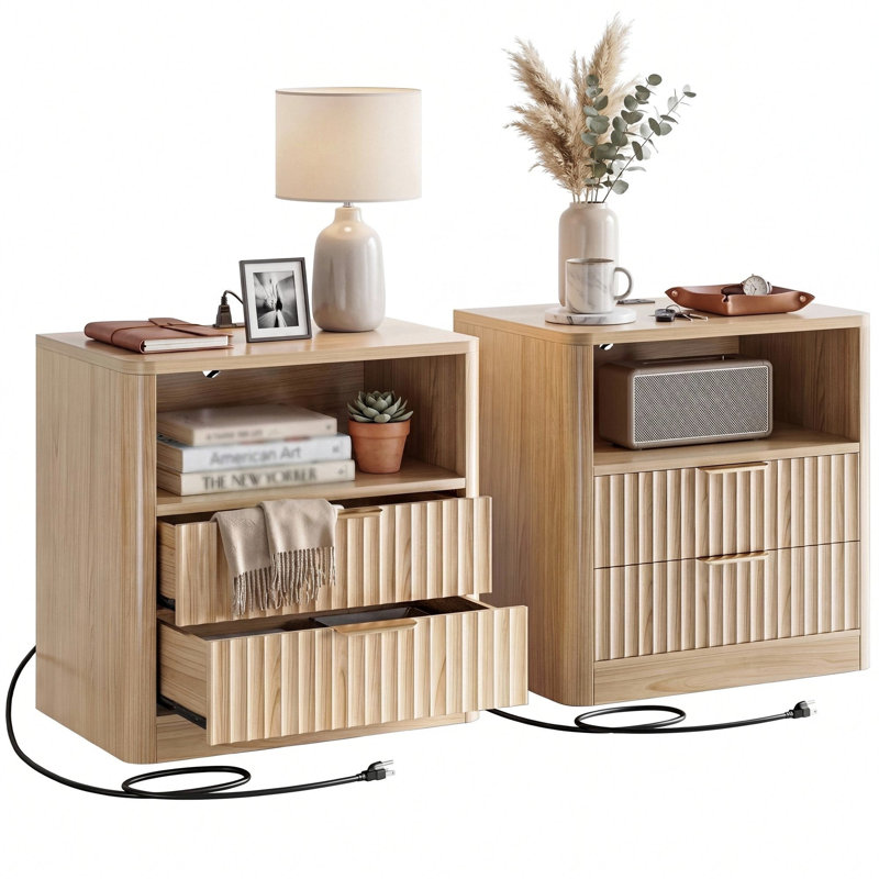 Table de chevet avec station de charge, table de chevet cannelée à 2 tiroirs avec tablette ouverte, table de chevet de rangement pour chambre à coucher (ensemble de 2)