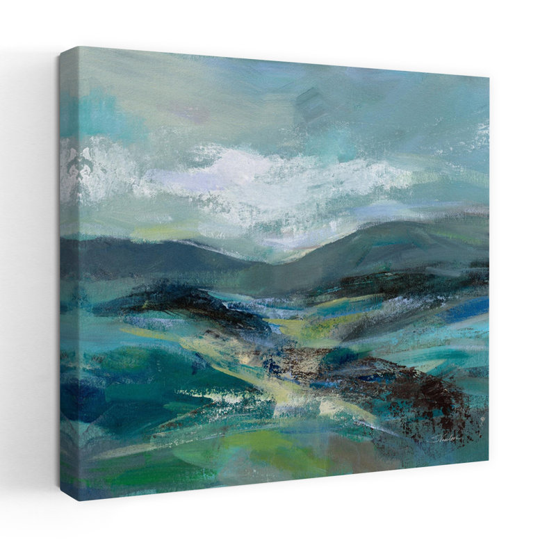 Contemporary Contemporary Turquoise Slopes I with Abstract Black Art, H 32 po x l 32 po