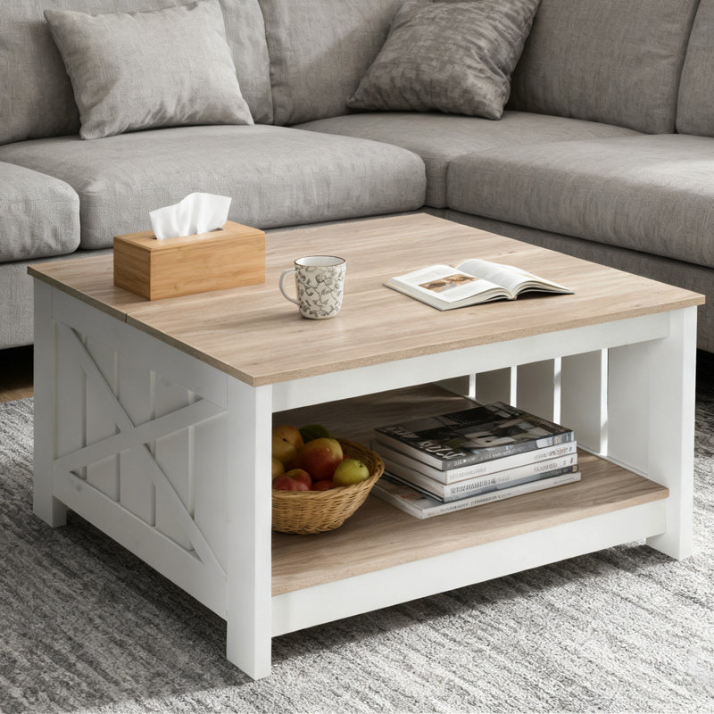 Table basse carrée avec rangement semi-ouvert, table basse Farmhouse