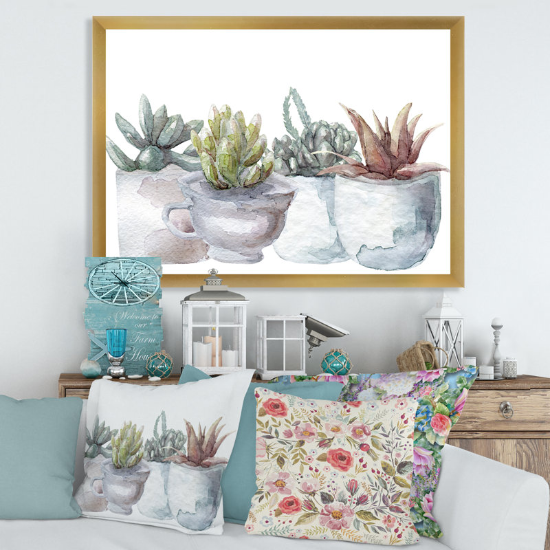 «Cactus and Succulent House Plants IV», reproduction sur toile encadrée, H 16 po x l 32 po x p 1 po, Encadrement doré