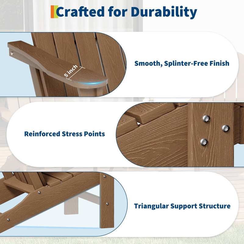 Adirondack Chair Set of 2 for Patio - Wood Texture Outdoor Chair for Garden, Backyard or Deck, Brown