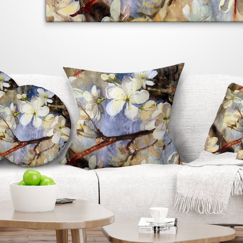 Fleurs blanches printanières - coussin à imprimé floral, 16 po x 1 po, Coussin décoratif