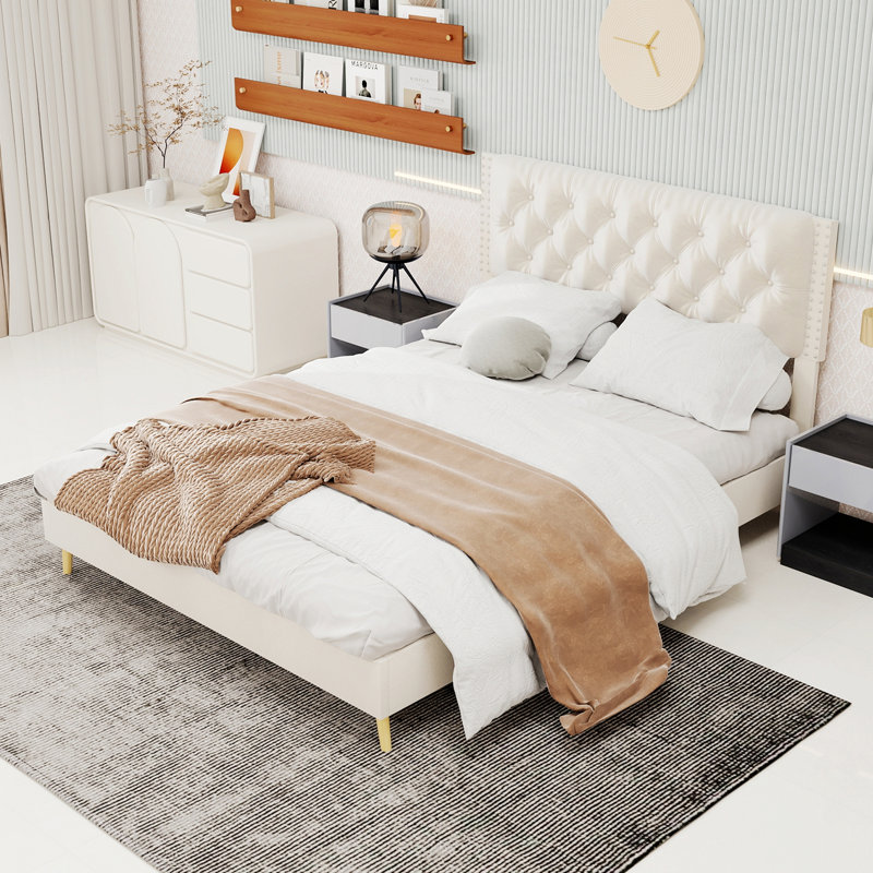 Upholstered Bed With Tufted Headboard, Grand lit, Beige