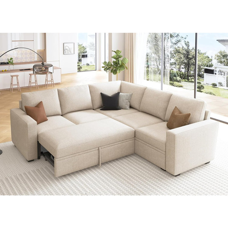 Canapé-lit modulaire modulaire avec lit escamotable, canapé en L avec siège de rangement, canapé modulaire convertible pour le salon, beige