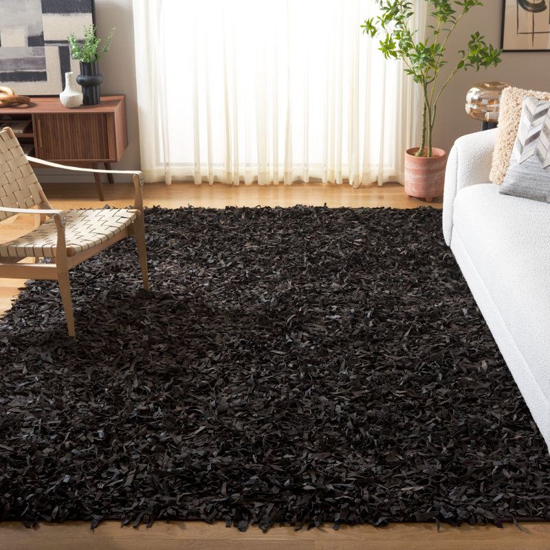 Tapis en cuir de couleur unie à poils longs tissé à la main, Rectangle 8 pi x 10 pi