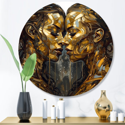 Acrylique Couple s'embrassant V - Art mural rond abstrait en marbre sur métal