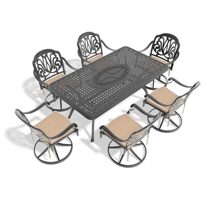 Ensemble de salle à manger 7 pièces en fonte d'aluminium toutes saisons, comprenant 6 chaises pivotantes et une table rectangulaire avec cadre noir