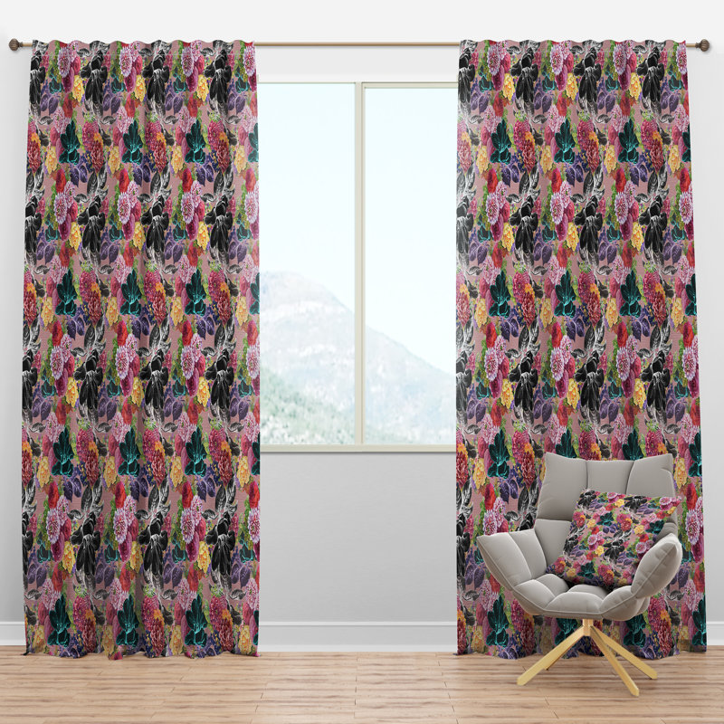 Black Chrysanthemum And Blooming Roses - Floral Curtain - Velvet Room darkening - 1 panel, 52"W x 63"L