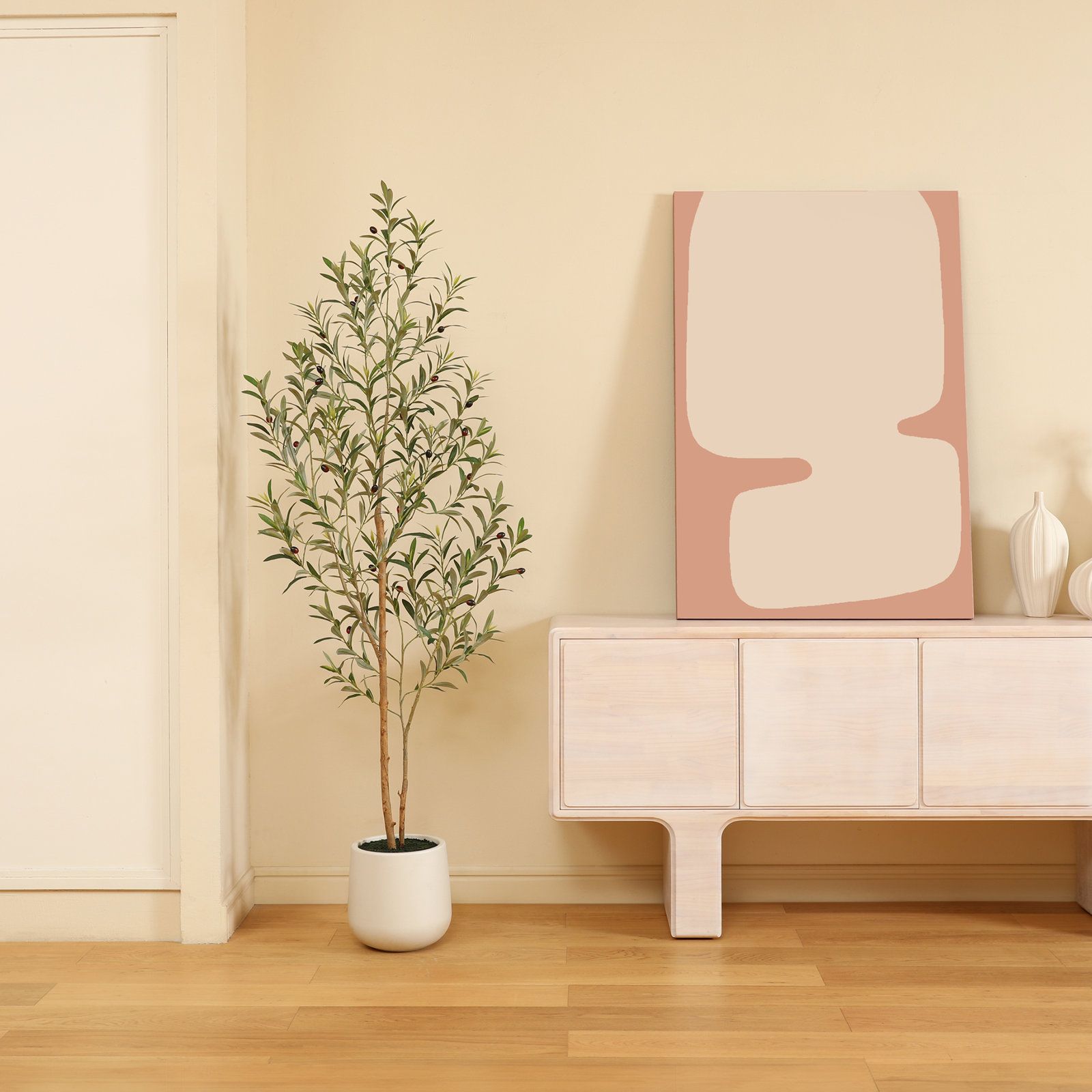 Adcock Artificial Olive Tree with Natural Wood Trunk in White Planter, 72" H x 24" W x 24" D