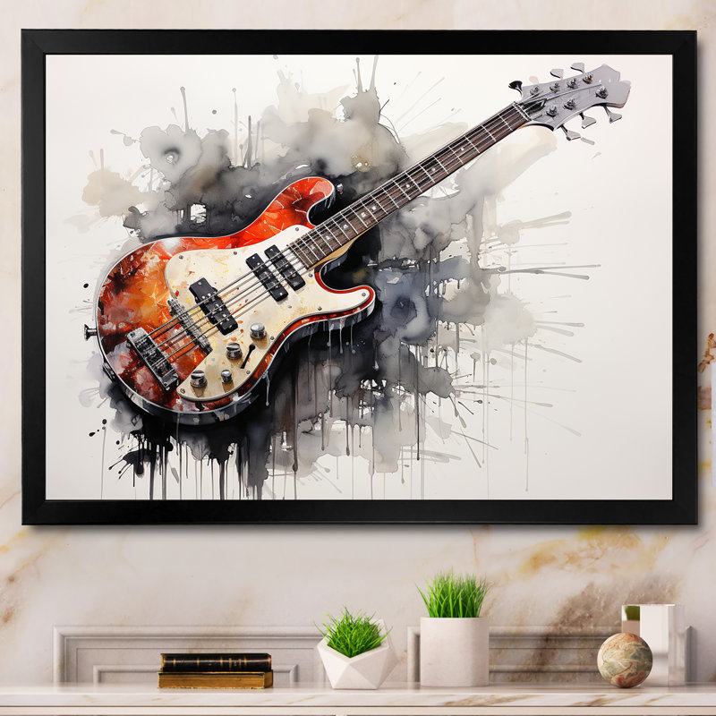 «Brown Charcoal Guitare», art mural musique, Cadre d'angle fermé noir, H 30 po x l 40 po x P 1,5 po