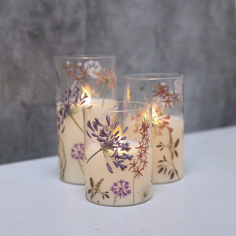 Hurricanes en verre à piles avec motif floral - 3 pièces, Fleurs sauvages