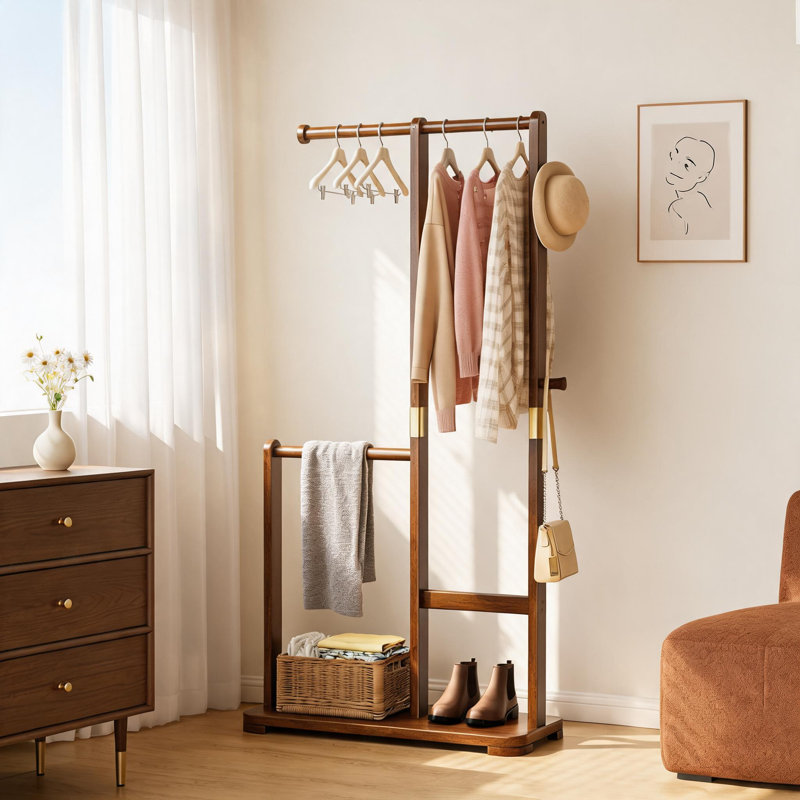 Simple, Upright Solid Wood Coat Rack With Double Hanging Rods For Hanging Various Types Of Clothing. Suitable For Entryways, Bedrooms, And Hallways. Its Compact Design Saves Space In Your Home.