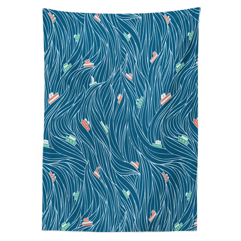 Ambesonne Nautical Tablecloth, Waves Ships Cartoon Nautical Sailboat Vacations Travel Pattern, Rectangular Table Cover For Dining Room Kitchen Decor, 52" X 70", Petrol Blue Jade Green