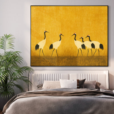 Très grande reproduction d'art sur toile - Oiseaux, grues, animaux, décoration rétro pour le salon ou la chambre à coucher - «Assemblage requis (cadre non fini)»