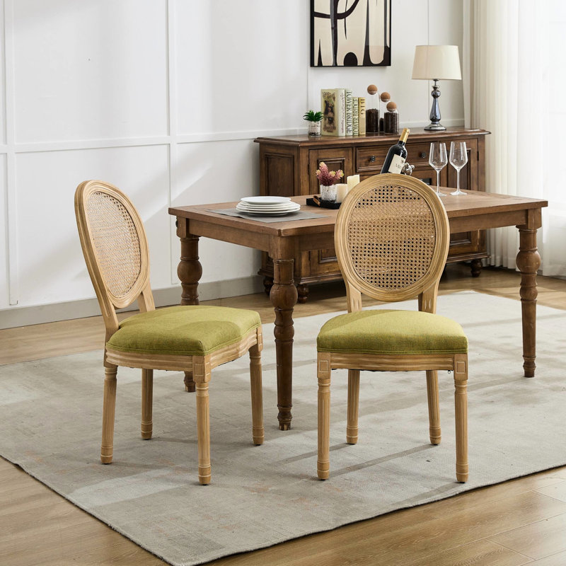Chaises de salle à manger de style français antique, structure en hévéa massif peint, couleur olive, dossier en lin, idéales pour 2 personnes avec un bon soutien.