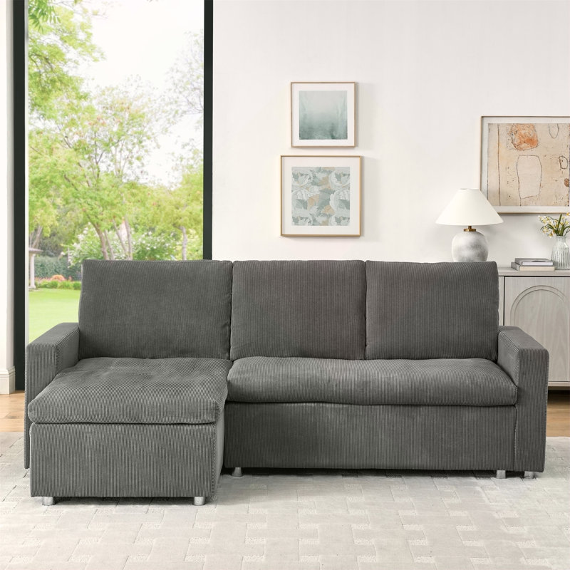 L Shaped Convertible Sleeper Sofa Bed, 90" Sectional Couch For Living Room , Pull Out Bed, Reversible Chaise With Storage , Removable & Washable Gery Corduroy Covers