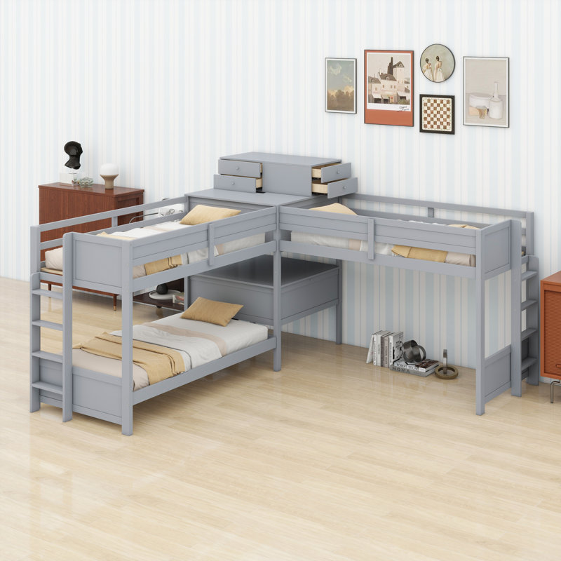 Lit superposé en L avec bureau d'étude intégré, tiroirs de rangement et station de charge, Gris