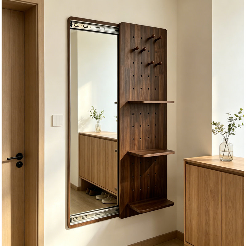 Miroirs d'appoint modernes avec rangement, panneau de fibres à densité moyenne noyer coulissant