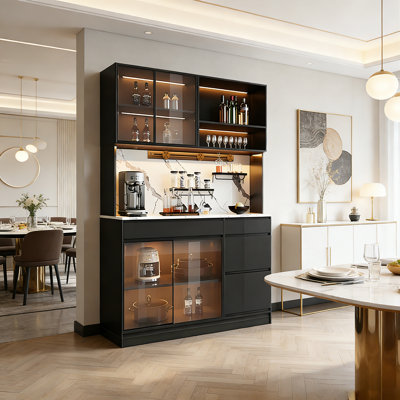 47.24" Modern Black Solid Wood Sideboard With Ambient LED, Glass Doors & Dual Storage