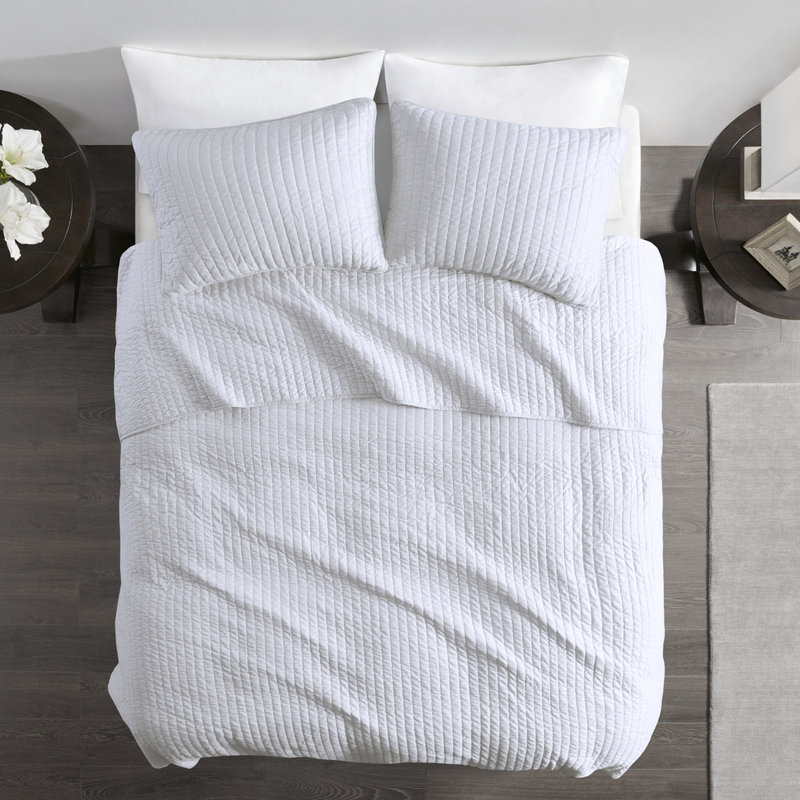 Courtepointe double / grand blanc - 3 pièces, en microfibre réversible et en coton, prévient les odeurs avec le traitement, rembourrage en coton lavable, tissu, pour une chambre à coucher impeccable