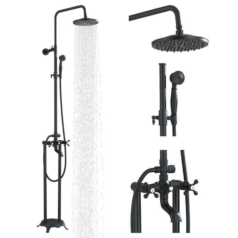 Deluxe Polished Chrome Brass Floor Standing Bathroom Bathtub Faucet Shower Set Double Handle Swivel Spout 150cm Shower Hose Hot & Cold Water Mixer