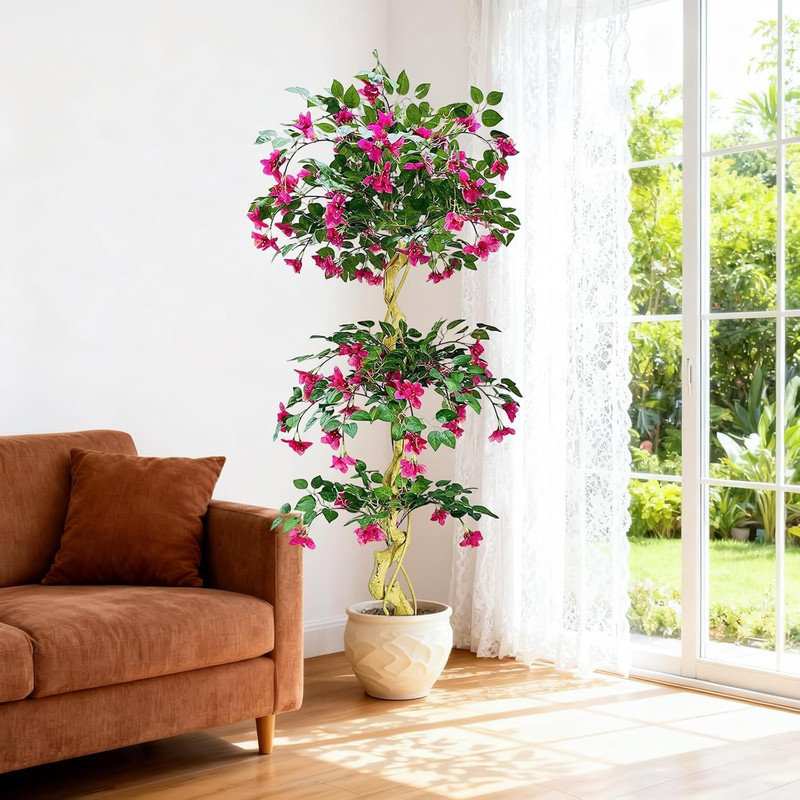 Bougainvillier artificiel 4/5/6 pi en pot blanc, plante à fleurs artificielle pour la décoration intérieure et extérieure