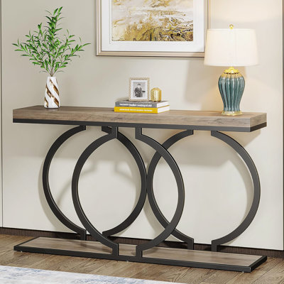 Console industrielle de 55 po - Canapé d'entrée long et étroit avec structure en métal géométrique et plateau en bois gris rétro, parfait pour un décor moderne et rustique