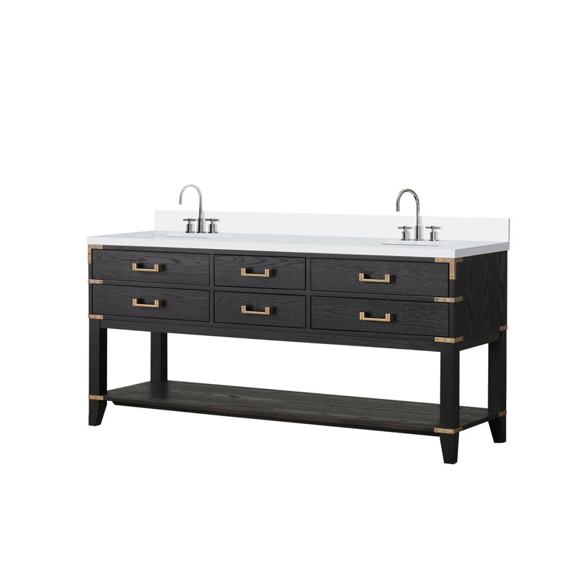 Ensemble de meuble-lavabo double avec comptoir en quartz blanc et robinet, Noir, noir, noir, noir