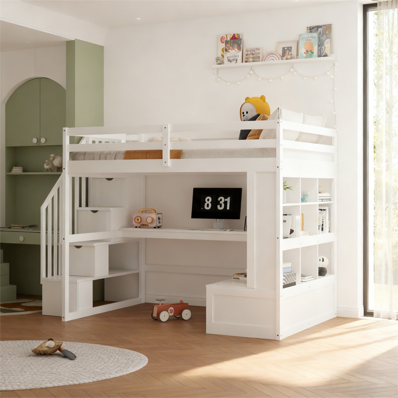 Lit mezzanine double avec bureau, tablettes de rangement, tiroirs et escalier de rangement, structure en bois massif, Blanc