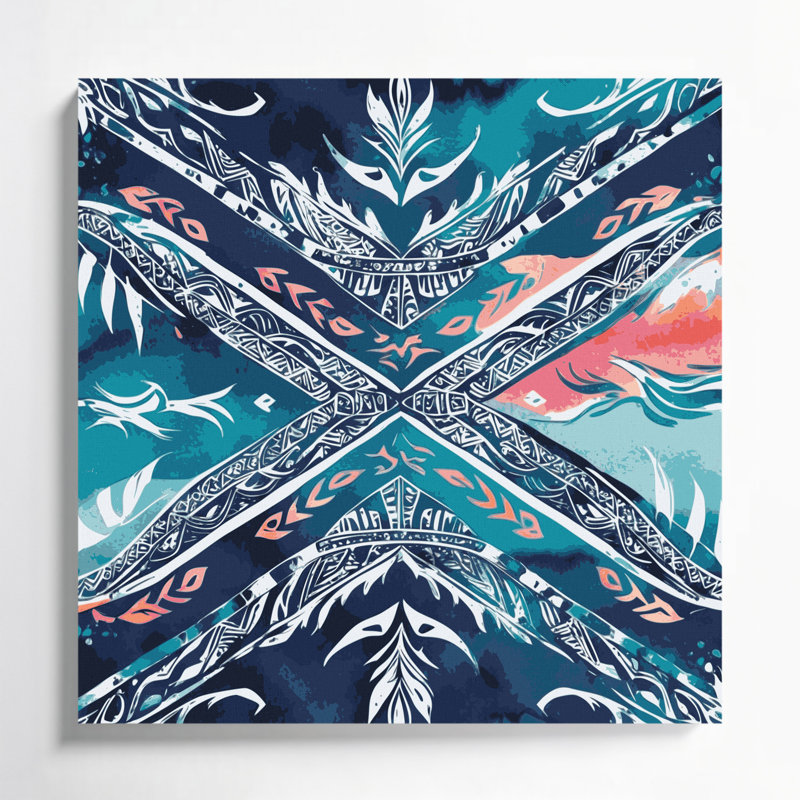 Toile hawaïenne à motif tribal beige sur toile, H 32 po x l 32 po
