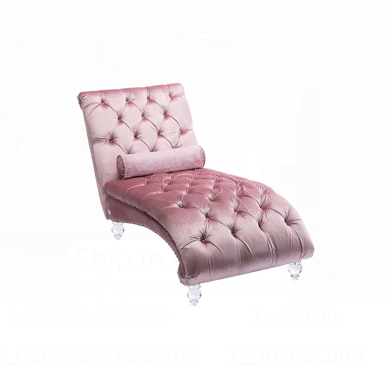 Velvet Chaise Lounge Indoor,Button-Tufted Upholstered Chaise Lounge Chair With Pillow For Bedroom Living Room Office, Pink