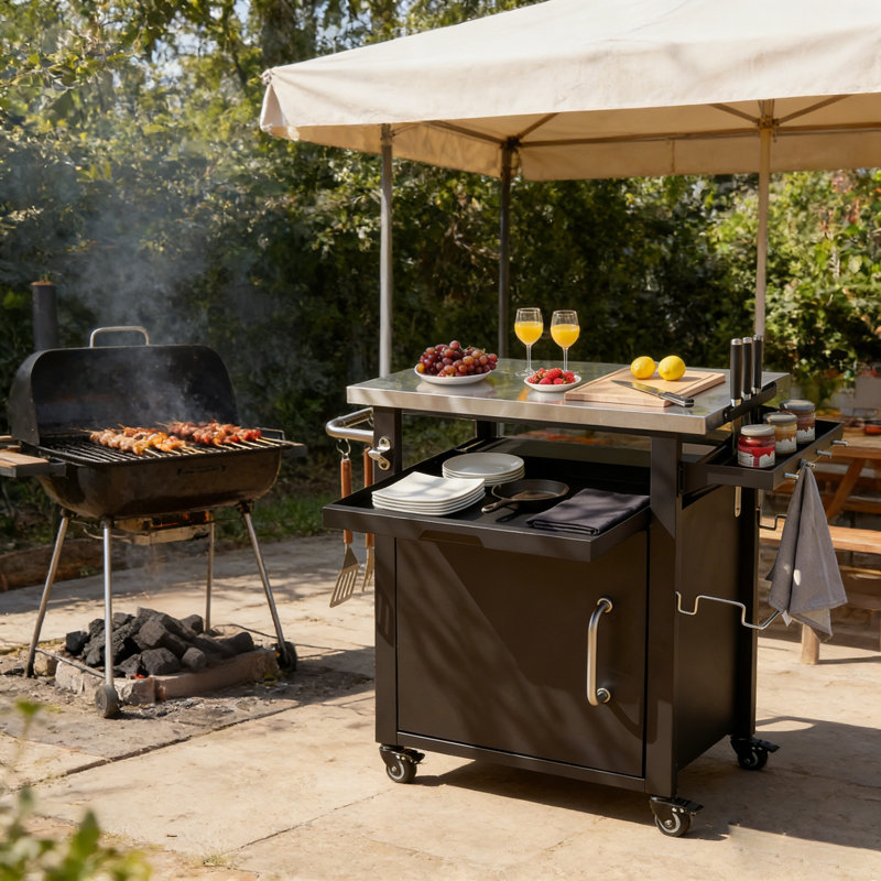 Îlot de cuisine 39,5 po avec plateau en acier inoxydable et armoire de rangement (housse imperméable incluse)