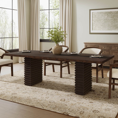 95" Rectangular Dining Table with Solid Wood Top & Sculpted Pedestal Bases, Modern Dining Room Table, Walnut by Latitude Run