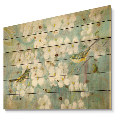 Birds on Blossom - Impression traditionnelle sur bois de pin naturel