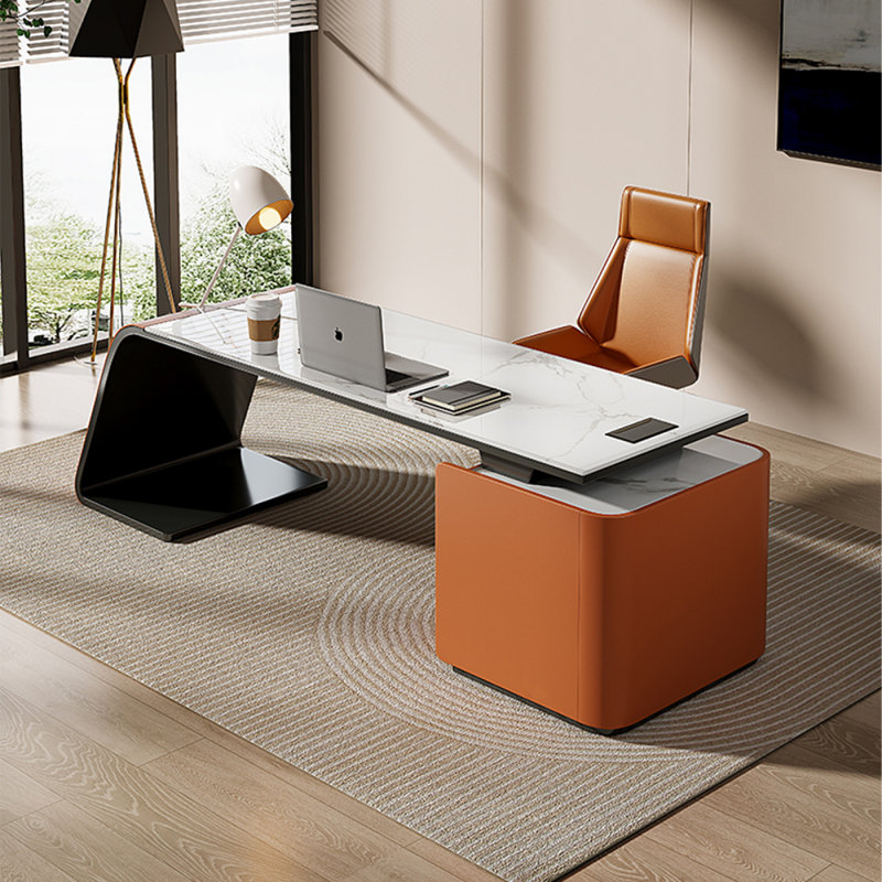 Rectangular Stone+Manufactured Wood with 3 drawers desk, Orange, 29.53" H x 70.87" W x 27.56" D