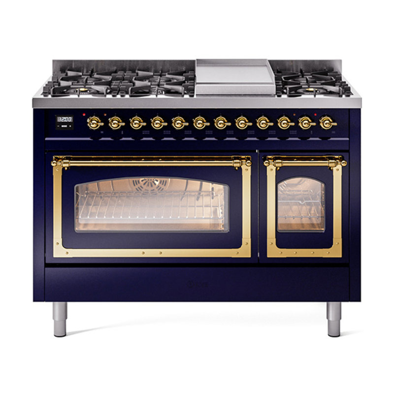 ILVE Nostalgie II Series 48 in. Dual Fuel Range with 8 Sealed Burners, Griddle (Natural Gas, Glass Door), Midnight Blue