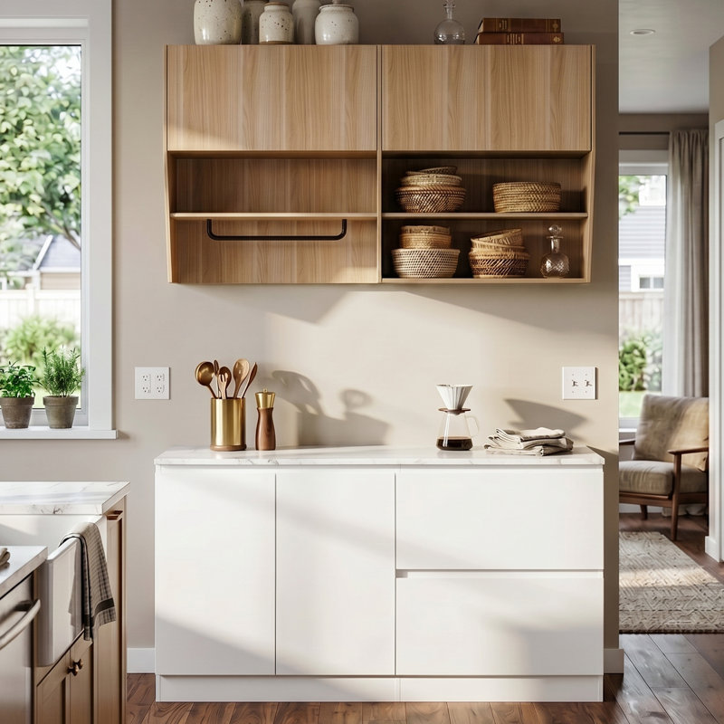Modern Coffee Bar Cabinet With Sink Base, Upper Storage Cabinet, Pull-Out Dish Rack & Stone-Look Countertop