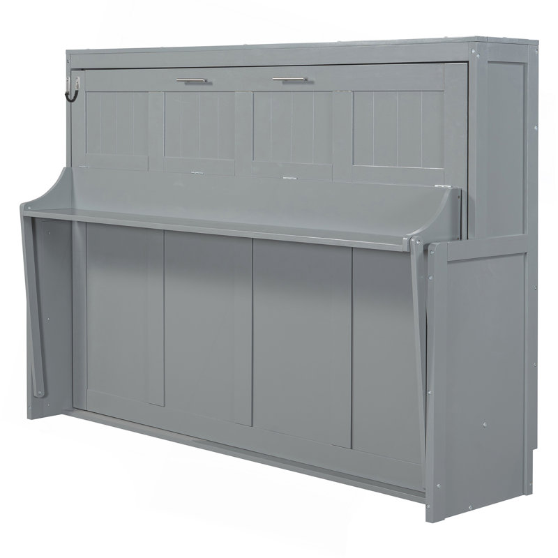 Lit escamotable avec élévateur hydraulique et bureau, Gris, Lit double